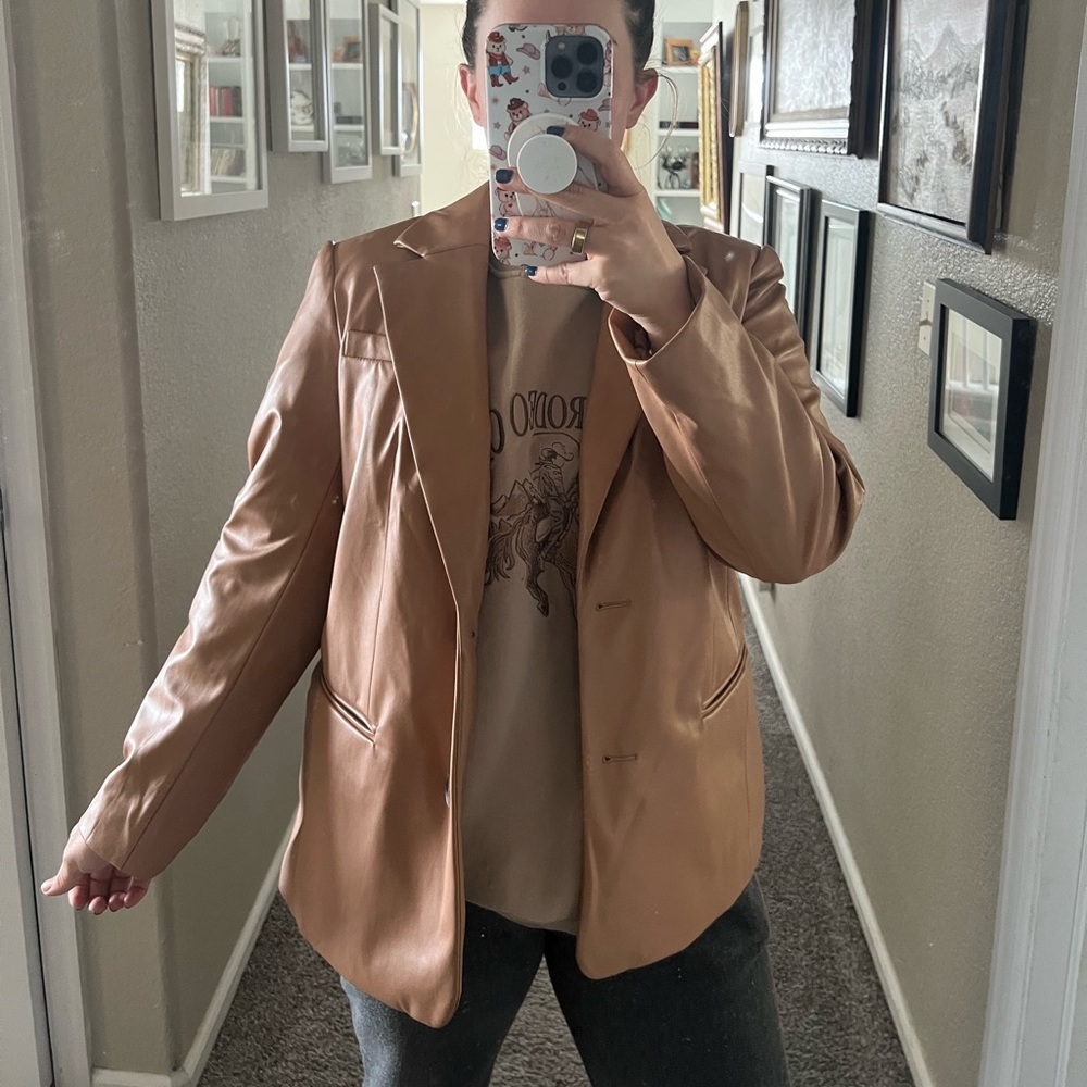 Tan Faux Leather Blazer Coat Size Medium New Without Tags NWOT